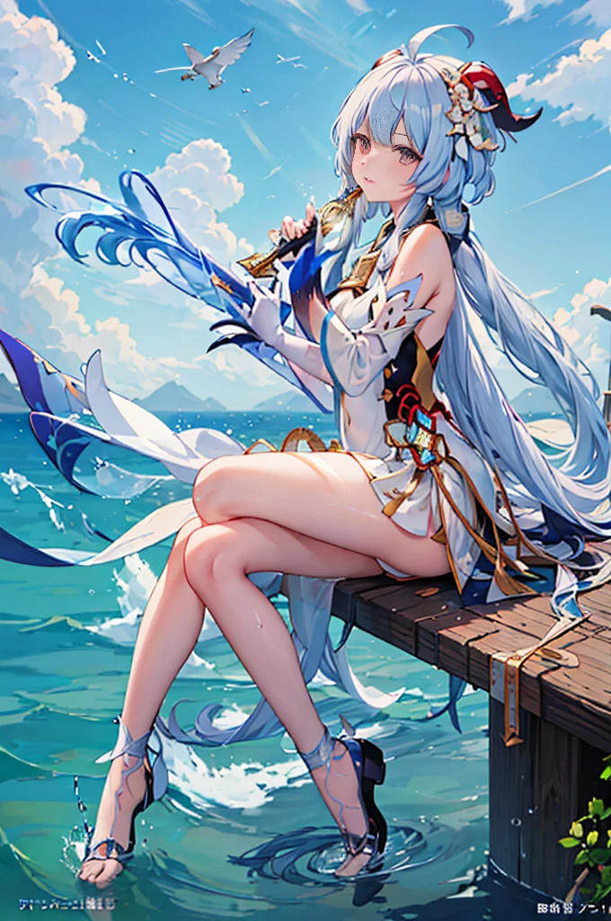 Anime manga girl,Long white hair and a sword in the water, translucent liquid from《Azure route》videogame, Kushatkrenz Important Women in the Arts, azur lane style, anime goddess, Very detailed ArtGerm, splash ink art anime , Detailed key animation art, Ayaka Genshin impact, 《Azure route》人物
