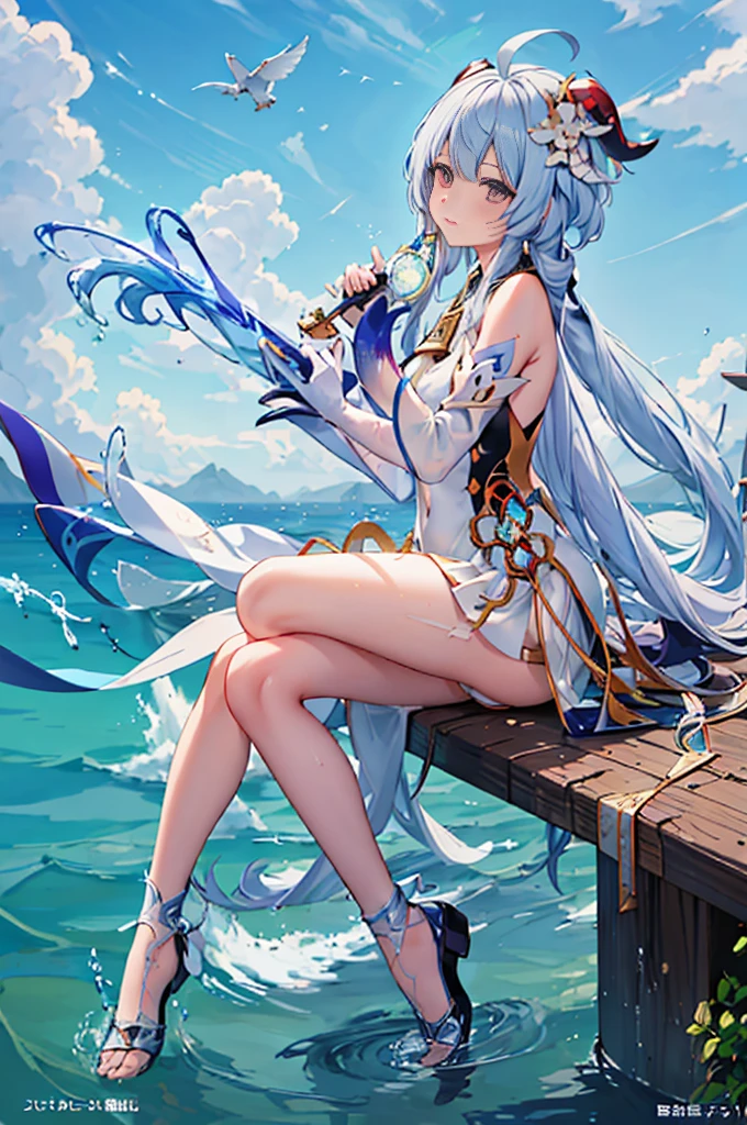 Anime manga girl，Long white hair and a sword in the water, translucent liquid from《Azure route》videogame, Kushatkrenz Important Women in the Arts, azur lane style, anime goddess, Very detailed ArtGerm, splash ink art anime loli, Detailed key animation art, Ayaka Genshin impact, 《Azure route》人物