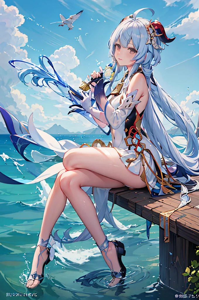 Anime manga girl,Long white hair and a sword in the water, translucent liquid from《Azure route》videogame, Kushatkrenz Important Women in the Arts, azur lane style, anime goddess, Very detailed ArtGerm, splash ink art anime loli, Detailed key animation art, Ayaka Genshin impact, 《Azure route》人物