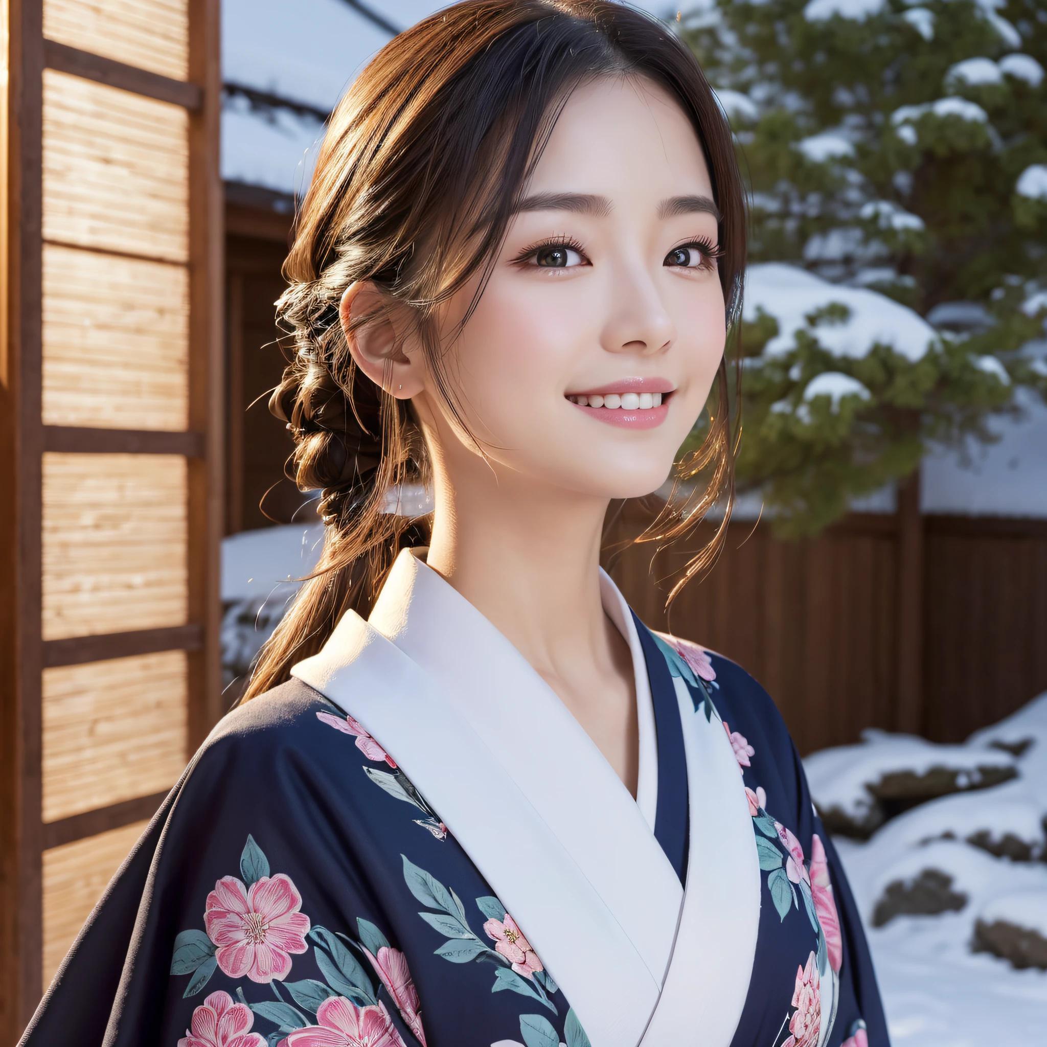 (Super beautiful woman in kimono)、((best qualtiy、8k masterpieces:1.3))、foco nítido:1.2、(ultra beautiful faces:1.0)、(shinny skin:1.0)、photos realistic、A dark-haired、Video Lighting、High-definition eyes and face、Video Lighting、Japanese actressl、from the front side、medium breasts、With a happy smile、Slender Abs Beauty、Whole body、wearing kimonos、In a snowy landscape in the middle of winter、highest grade obi