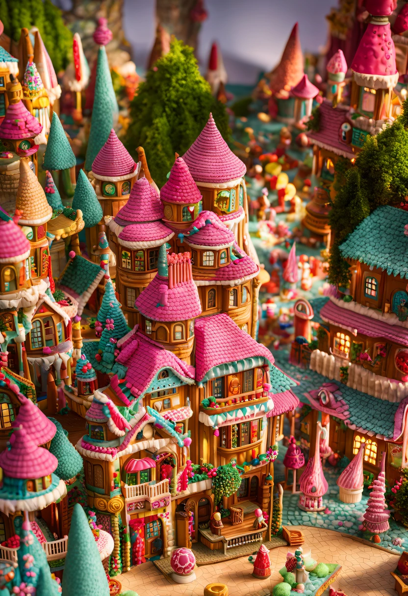 There are tons of little dollhouses and buildings, candy forest, in a candy land style house, Gingerbread Candy Village, candyland, 4K detail fantasy, candyland, Immortal Palace, magical village, Fantasy Town, Bustling magic town, fantasy matte painting,Cute big breasts, Whimsical fantasy landscape art, Ultra-detailed fantasy