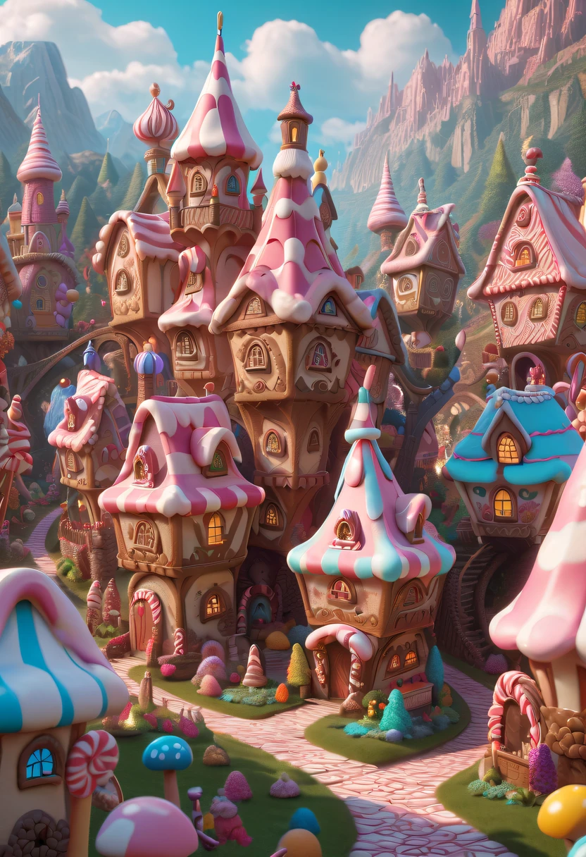There are tons of little dollhouses and buildings, candy forest, in a candy land style house, Gingerbread Candy Village, candyland, 4K detail fantasy, candyland, Immortal Palace, magical village, Fantasy Town, Bustling magic town, fantasy matte painting，Cute ???????????, Whimsical fantasy landscape art, Ultra-detailed fantasy
