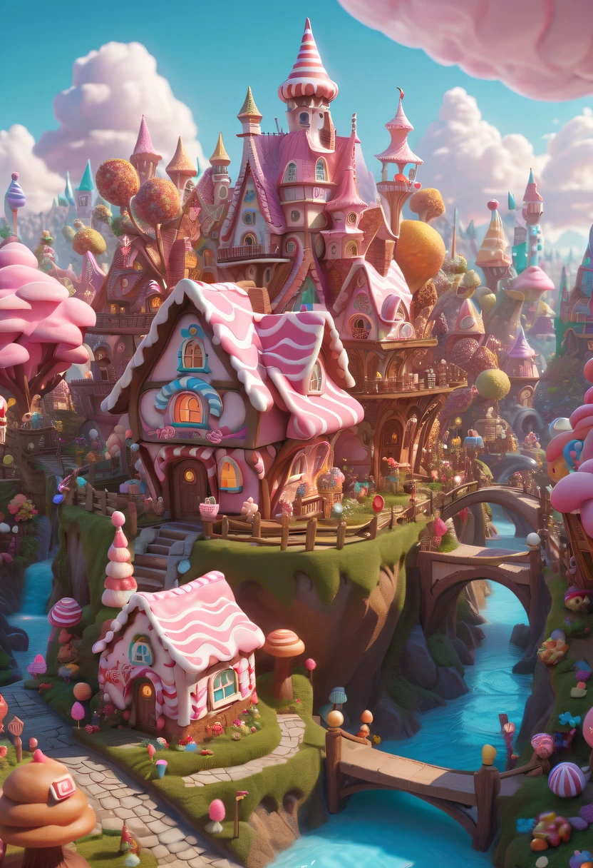 There are tons of little dollhouses and buildings, candy forest, in a candy land style house, Gingerbread Candy Village, candyland, 4K detail fantasy, candyland, Immortal Palace, magical village, Fantasy Town, Bustling magic town, fantasy matte painting,Cute big breasts, Whimsical fantasy landscape art, Ultra-detailed fantasy