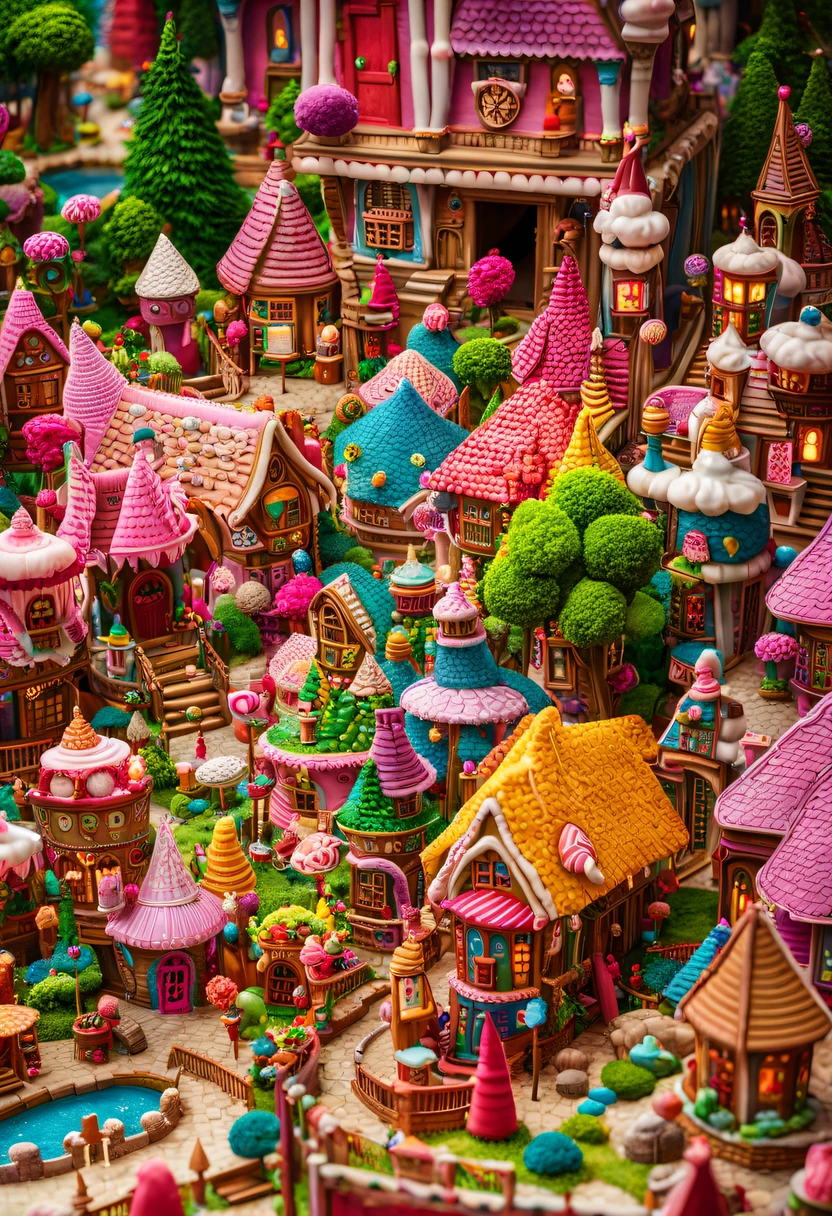 There are tons of little dollhouses and buildings, candy forest, in a candy land style house, Gingerbread Candy Village, candyland, 4K detail fantasy, candyland, Immortal Palace, magical village, Fantasy Town, Bustling magic town, fantasy matte painting,Cute big breasts, Whimsical fantasy landscape art, Ultra-detailed fantasy