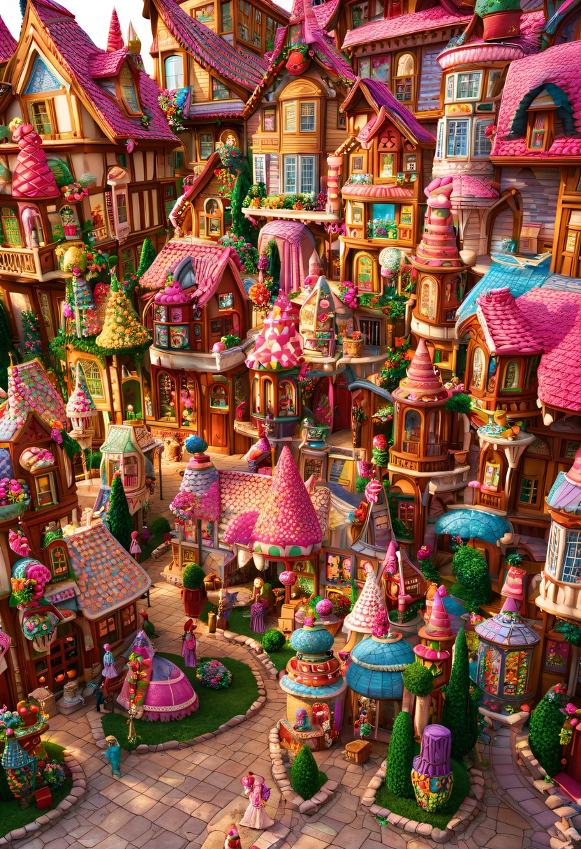 There are tons of little dollhouses and buildings, candy forest, in a candy land style house, Gingerbread Candy Village, candyland, 4K detail fantasy, candyland, Immortal Palace, magical village, Fantasy Town, Bustling magic town, fantasy matte painting，Cute big breasts, Whimsical fantasy landscape art, Ultra-detailed fantasy