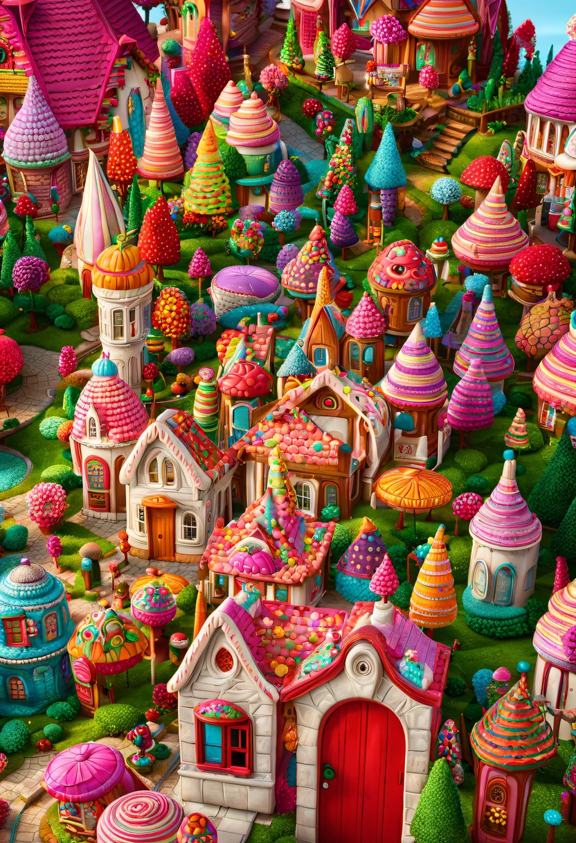 There are tons of little dollhouses and buildings, candy forest, in a candy land style house, Gingerbread Candy Village, candyland, 4K detail fantasy, candyland, Immortal Palace, magical village, Fantasy Town, Bustling magic town, fantasy matte painting,Cute big breasts, Whimsical fantasy landscape art, Ultra-detailed fantasy