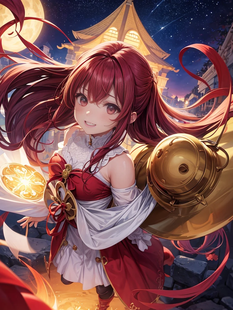 Melhor qualidade、uma menina、Shiraga、Cabelos compridos、hair fluttering in the wind、olhos azuis、Rosto pequeno、um sorriso、Papai Noel :1.7、Mangas vermelhas:1.3、Bico grande:1.5、peito aberto:1.4、constriction、minissaia vermelha:1.2、Pernas de bota com plataforma apertada vermelha、dim lighting、in the nighttime、Yuki、sem pessoas、Veja aqui、Angle from diagonally above、desfoque de fundo