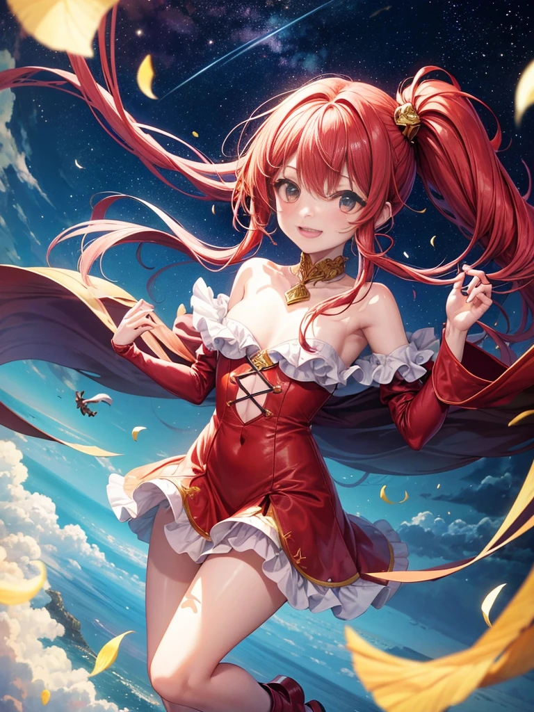 Melhor qualidade、uma 、Shiraga、Cabelos compridos、hair fluttering in the wind、olhos azuis、Rosto pequeno、um sorriso、Papai Noel :1.7、Mangas vermelhas:1.3、Bico grande:1.5、peito aberto:1.4、constriction、minissaia vermelha:1.2、Pernas de bota com plataforma apertada vermelha、dim lighting、in the nighttime、Yuki、sem pessoas、Veja aqui、Angle from diagonally above、desfoque de fundo