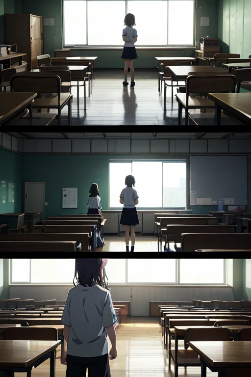 Two people standing in a large room with a table, typical anime classroom, screenshot from the anime film, anime scene, classroom in background, anime movie screenshot, Still from anime, TV animation stills, anime movie scene, Little Witch Academy, animated still, Madhouse Studio anime style, kyoto animation still, Animated static screenshot, anime screenshot, court room
