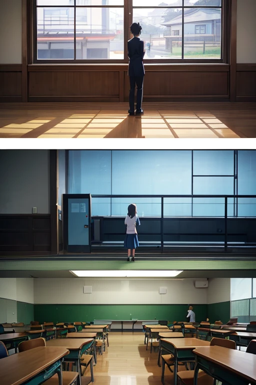 Two people standing in a large room with a table, typical anime classroom, screenshot from the anime film, anime scene, classroom in background, anime movie screenshot, Still from anime, TV animation stills, anime movie scene, Little Witch Academy, animated still, Madhouse Studio anime style, kyoto animation still, Animated static screenshot, anime screenshot, court room