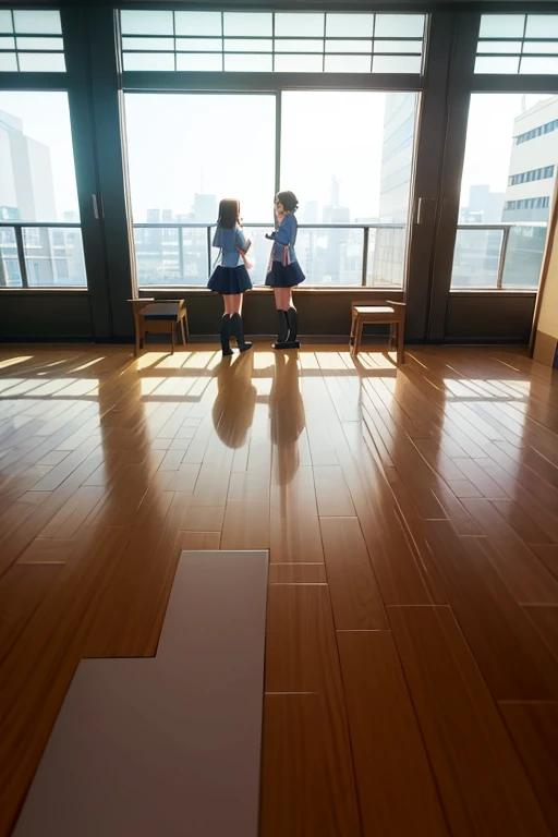 Two people standing in a large room with a table, typical anime classroom, screenshot from the anime film, anime scene, classroom in background, anime movie screenshot, Still from anime, TV animation stills, anime movie scene, Little Witch Academy, animated still, Madhouse Studio anime style, kyoto animation still, Animated static screenshot, anime screenshot, court room