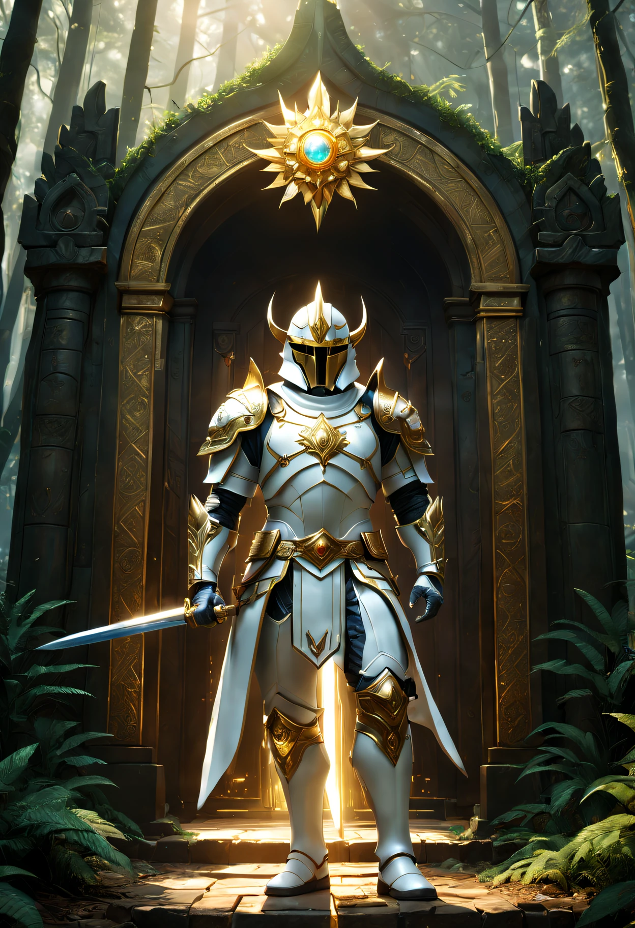 There  a magnificent temple of the Sun God in the middle of the forest，Standing in front of the door  a powerful magic swordsman.，Detailed white shining armor, Detailed white helmet, Detailed Great White Sword, The mysterious golden gem on the armor，CG gameovie promotional images，(ultra - detailed,actual:1.37),(Best quality at best,4K,8K,A high resolution,tmasterpiece:1.2)