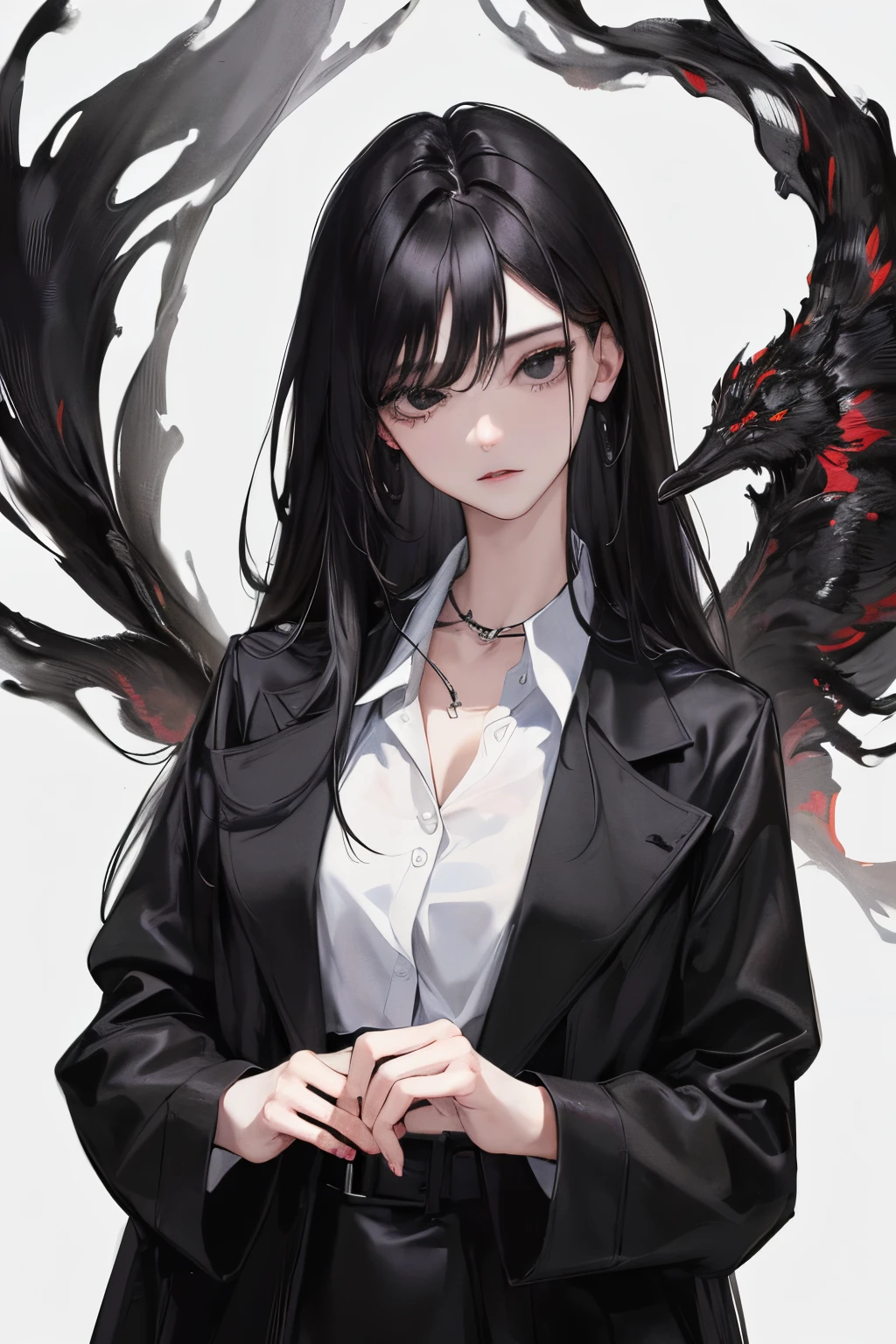 (Top resolution、Distinct_image)top-quality、Women's masterpieces、ighly detailed、Semi-realistic、(large part of the body)、long hair of black color、bangss、18year old、年轻、black fitting、Black Dress、Stand Collar Shirt、Sharp face、(Black eyes、hair between eye)、(Plain white background)、A slight smil(standing painting)、(exquisite facial features exquisite facial features)