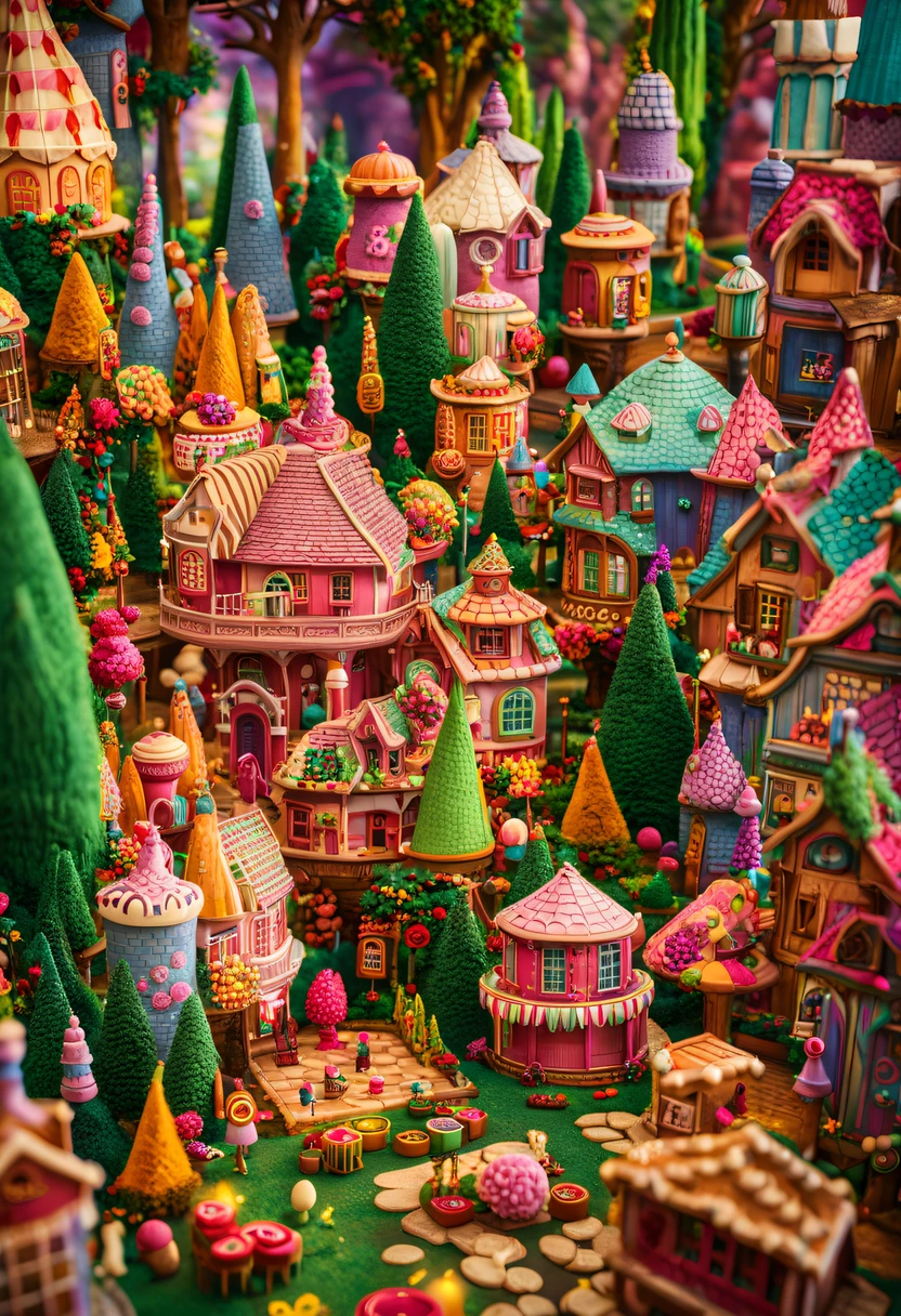 There are tons of little dollhouses and buildings, candy forest, in a candy land style house, Gingerbread Candy Village, candyland, 4K detail fantasy, candyland, Immortal Palace, magical village, Fantasy Town, Bustling magic town, fantasy matte painting，Cute big breasts, Whimsical fantasy landscape art, Ultra-detailed fantasy