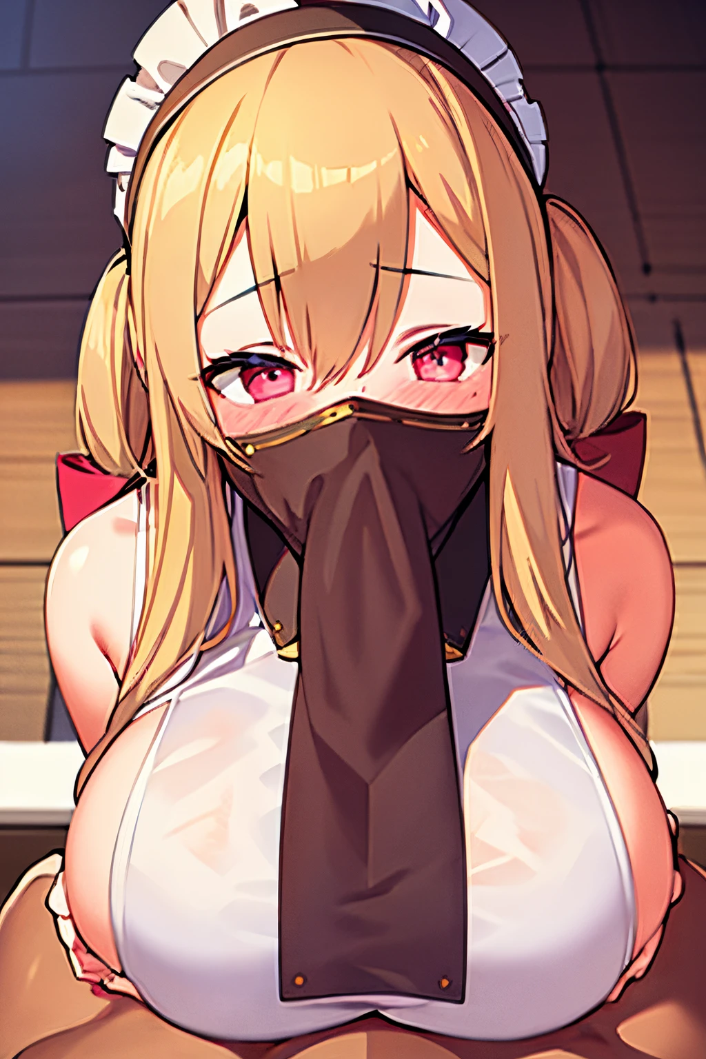 masterpiece,best qualtiy,1girl,blush,fellatio_under_mask,mask,huge breasts,white apron
