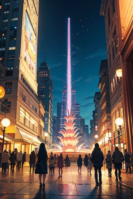 There a painting of the city,There a fountain in the middle, Rio de Janeiro in an animated film, anime style cityscape, beautiful anime scenes, anime movie screenshot, hd anime cityscape, anime scene, screenshot from the anime film, Downtown background, 《Kola Legend》poser, town in background, anime movie backgrounds, beautiful anime scenery, studio ghibli anime screenshot