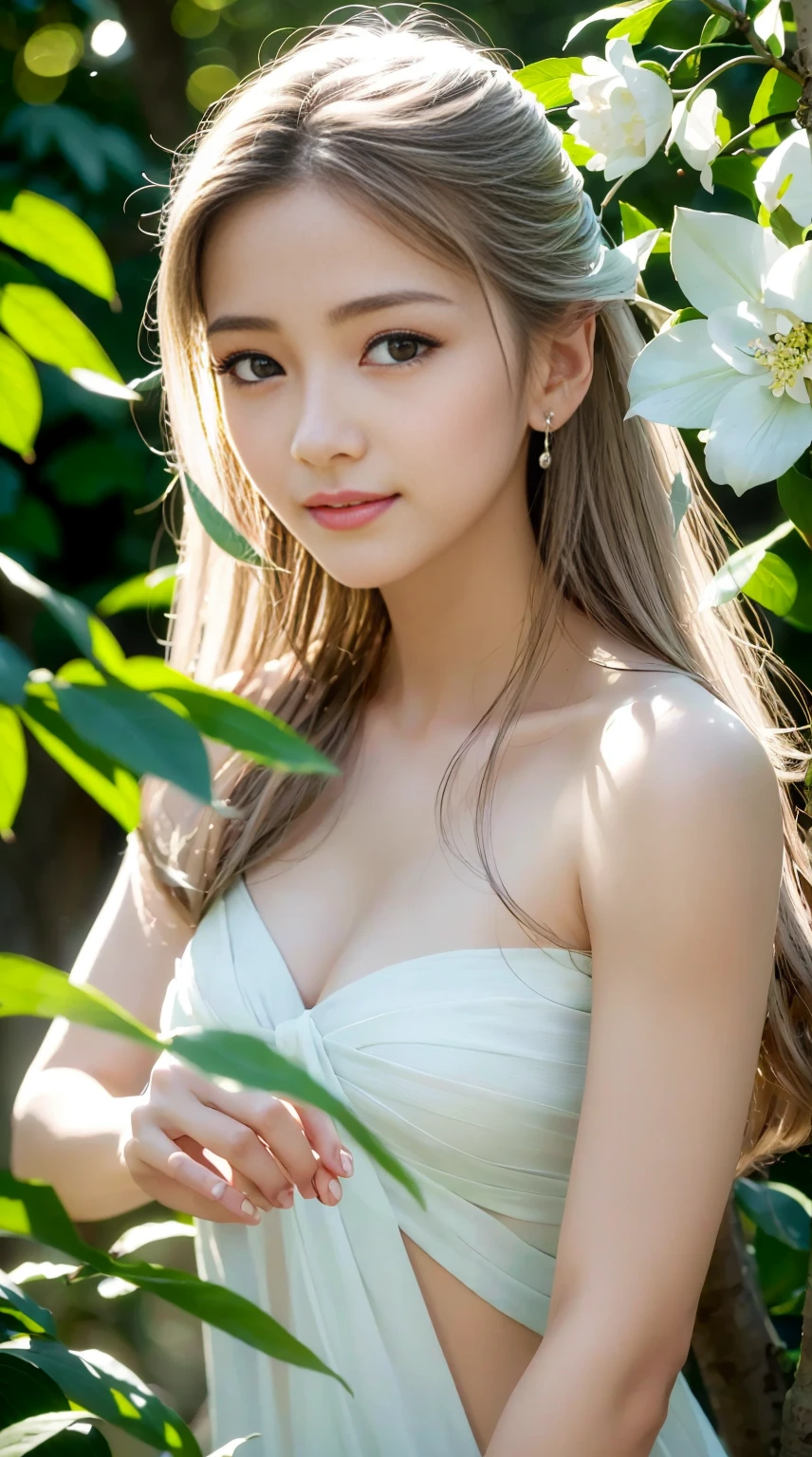 (bestquality,10,high-res,ultra-detail,Realistic:1.37),vibrant colours,sunlight,llight rays,Kaffir lime,white flowers,beautiful girl,Excellent features,flowing hair,serene expression,garden setting,Dressing neatly,Soft Sunlight,Gentle breeze,cheerful atmosphere,backlit scene,hint of smile,Shine ethereal,Fresh in the morning,long shadow,Harmony of nature,delicate reflection,natural beauty,twinkling dew,Clear details,peace and calm,Noble ingredients,Arrived at the branch,whispering leaves,aromatherapy petals,With a shining light.,Glittering highlights,Subtle shadows,soft focus,Sublime beauty,whisper naturally,Amazing atmosphere.,Glow background.