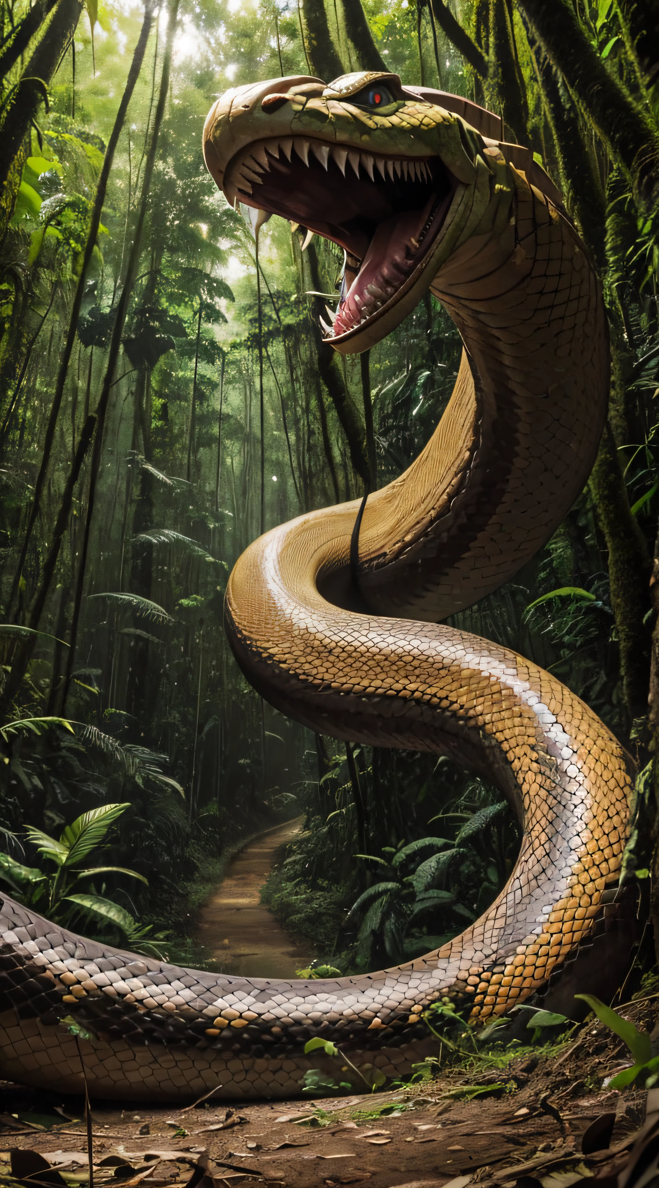 imagem real de uma enorme cobra com 30 metros, long sharp teeth and two horns in the Amazon rainforest