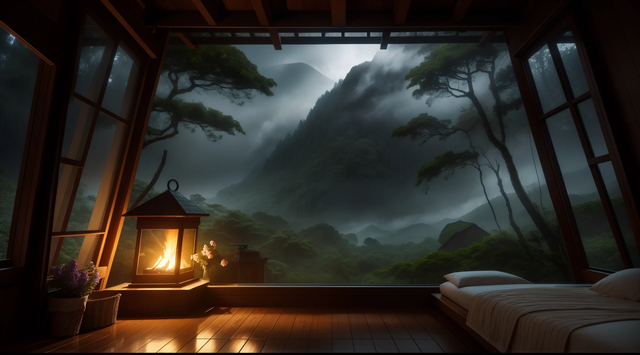 Heavy rain on the attic window in a cozy room in the rainforest at night, fireplace, the forest outside very beautiful, trees, flowers, mountains, black cloudy sky