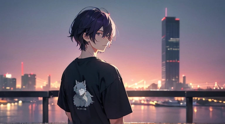 Faded tones, monochromes, slightly darker purple tone, cool men's short bangs, Hipster, mashed wolf hair, Upper chest shot, monochromes, Black, Blue, T-shirt with peach design, the background is blurred, City of Dawn, Looking back, Overall blurry image