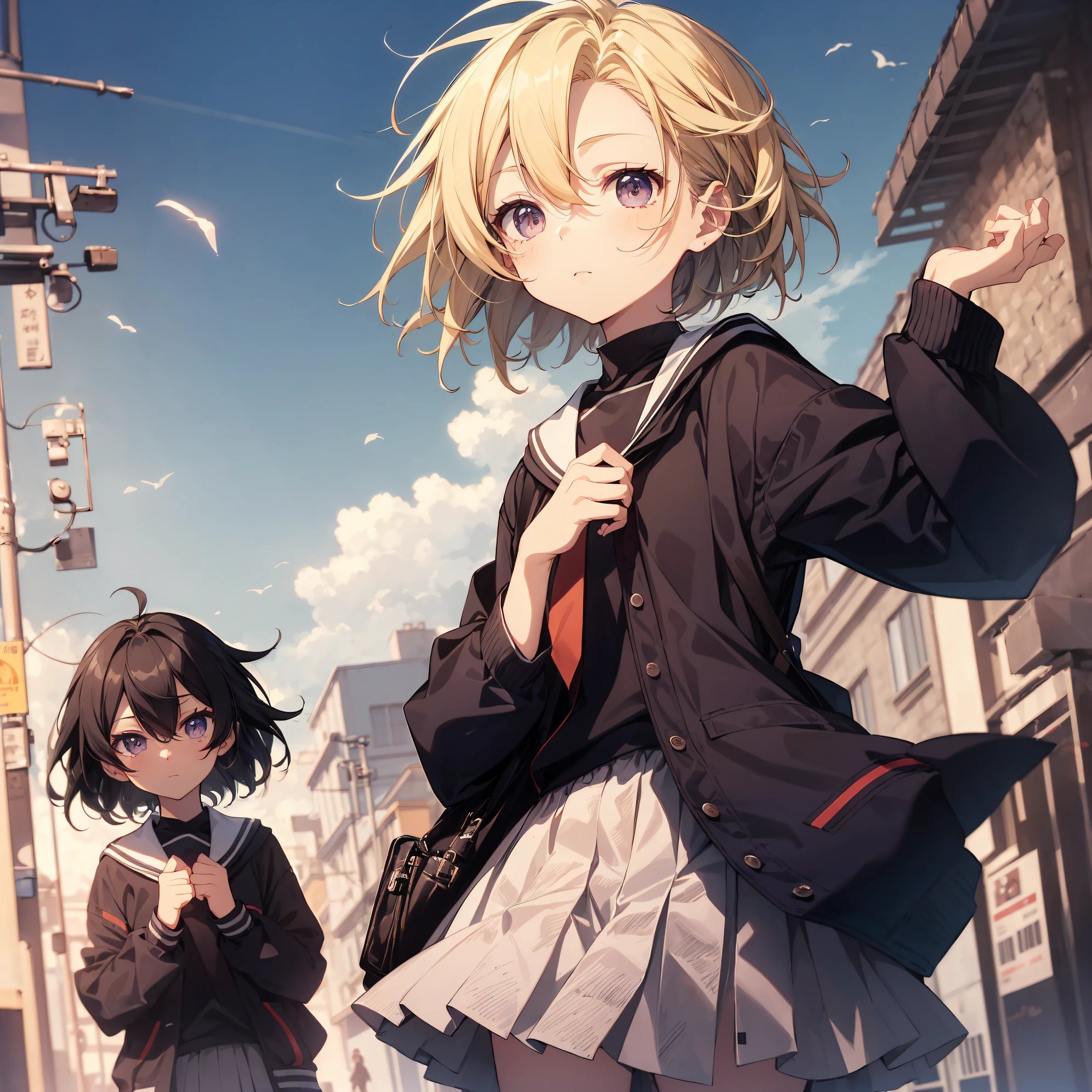 ((Top quality by Art God, Ultra-detailed, High resolution,super detailed skin,anime moe art style,Best Anime 8K Konachan Wallpapers,Pixiv Contest Winner,Perfect Anatomy)),BREAK, (Draw a girl sleepily walking to school. ),BREAK, 1girl is a cool beautiful girl, (Solo,Lori,child,13years:1.3),a junior high school student, Androgynous attraction, (Center part very short hair),hair messy, Forehead, Full limbs, complete fingers,flat chest, Small butt, groin, Small eyes,Beautiful detailed black eyes,Well-proportioned iris and pupils,disgusted eye, School uniform, Skirt,On the way to school. BREAK, The best lighting powered by AI, 8K, Illustration,