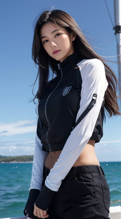 masterpiece, highres, screen shot, best quality, 1girl, (scar on left eye), white cropped jacket, highly detailed, rule of thirds, jewelry, long hair, bangs, hair between eyes