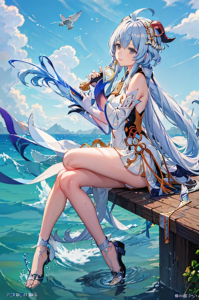 Anime girl sitting on the pier holding sword and bird, wallpaper anime blue water, anime goddess, goddess of the sea, Sea Goddess, dans la mer, azur lane style, Popular topics on cgstation, From《Azur route》videogame, Queen of the Sea Mu Yanling, Popular topics on artstation pixiv, splash ink art anime loli