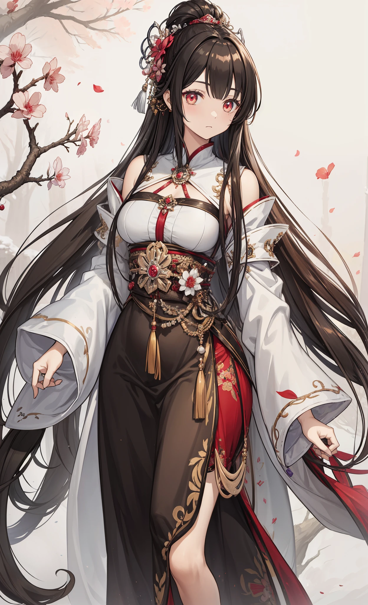 (tmasterpiece:1.2),Atdan, 1 plump girl, Alone, Branch, flowers blooming, jewely, a skirt, ear nipple ring, that tree, through bangs, Long gray hair, hair adornments, view the viewer, Chinese clothes, black hair color hair, hairflower, Brown hair, shoulder, Very long hair, Wide sleeves, longer sleeves，obsessed，Small repaint，exquisite and beautiful eyes，Eyes are evenly sized，Pale red eyes