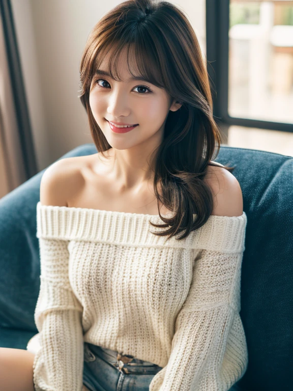 (Highest quality, Tabletop, 8k, Best image quality, Award-winning works), 50 year old mature woman alone, (Dark blue long knit: 1.2), (A precise and perfect long knit: 1.2), (Dark blue long knit: 1.2), The Shining, Beautiful Skin, Fair and ultra-high definition skin, (Accurate anatomy: 1.2), The most luxurious apartment living room, A gentle smile looks at me, (Woman close up: 1.2), Sitting elegantly on the sofa, ( Sitting elegantly on the sofa: 1.1), Very bright and clean, (Background Blur: 1.1), Portrait Photography, (Low contrast: 1.1), (Soft and smooth drawing: 1.1), Very romantic, Very bright, (Very bright and refreshing :1.1), Refreshing young々new colors, Glowing White Skin, (The most natural and practical furniture arrangement: 1.1), (Looks great in the The most luxurious apartment living room: 1.1), Very bright and vivid, ( The real face of Yua Mikami: 1.1), (High-resolution realistic face of Yua Mikami: 1.1), (Yua Mikami's perfect face, with attention to detail: 1.1), Breasts that look bigger,
