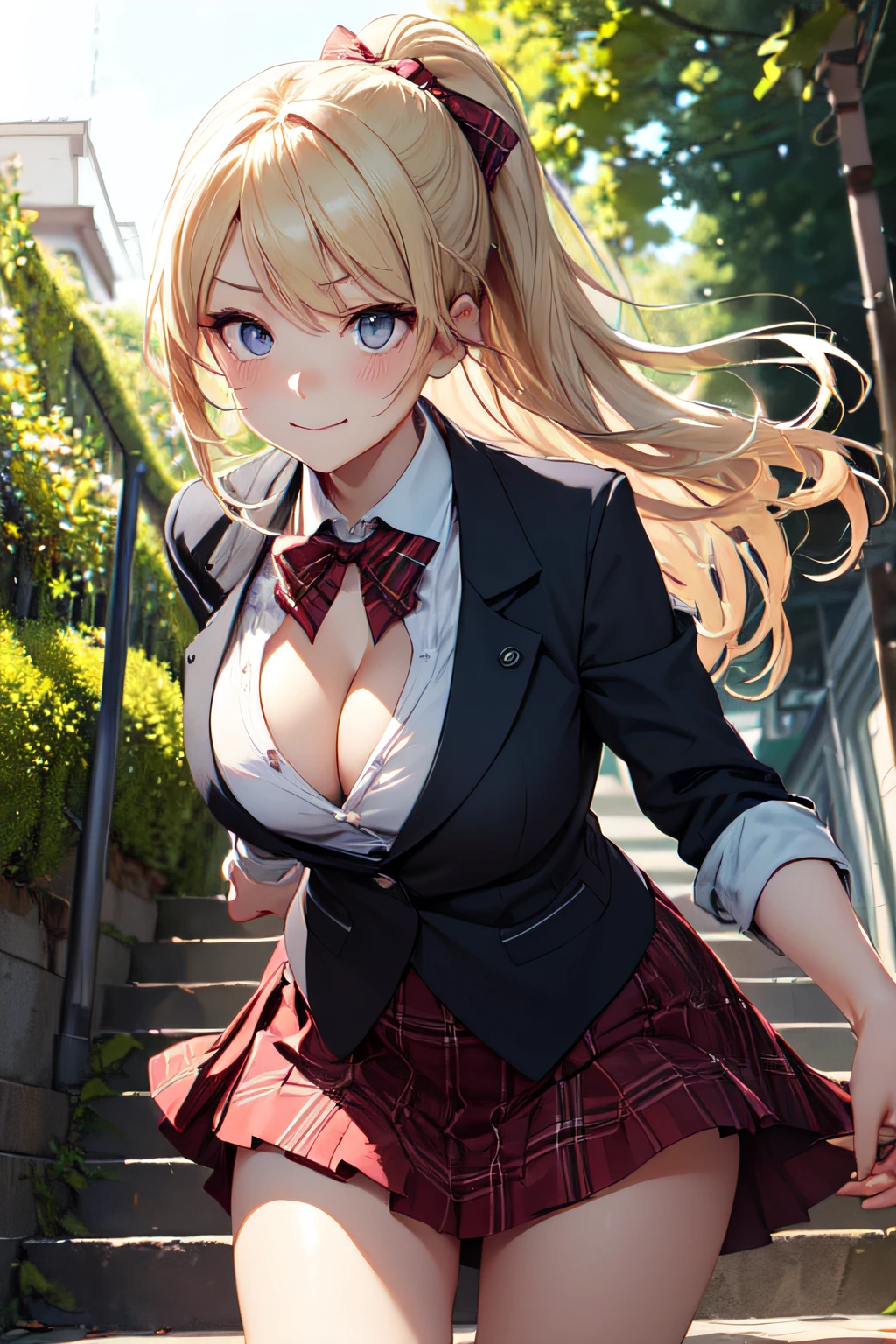 (offcial art、Best quality、Unity 8k壁纸、32K、tmasterpiece、ultra - detailed、超高分辨率、actual、真实感:1.2)、(电影灯光:1.2)、Fire glow effect、The most grainy shadows in film、edge lit、(Ultra-detailed and intricate 3D rendering of the back))、Delicate beautiful face and eyes、The slender one、(Full body lesbian:1.2)、 very highly detailed background、beauitful face、(Ultra-delicate skin、detailed skin textures:1.3)、(A view from below、low angles:1.3)、(Climb stairs)、Detailed face and eyes beautiful girl 、Glowing and radiant skin、Tie your hair up with a blue ribbon、pony tails、woven、beautiful blonde hair、Dull eyes、(embarrassed from:1.4)、(A slight smil:1.2)、(perplexed:1.0)、The shirt、a bow tie、Plaid mini skirt、(Flip skirt、I can see the cleavage:1.2)、upper legs、dynamicposes、(Outdoors in windy places:1.2)、middlebreast、Chopping