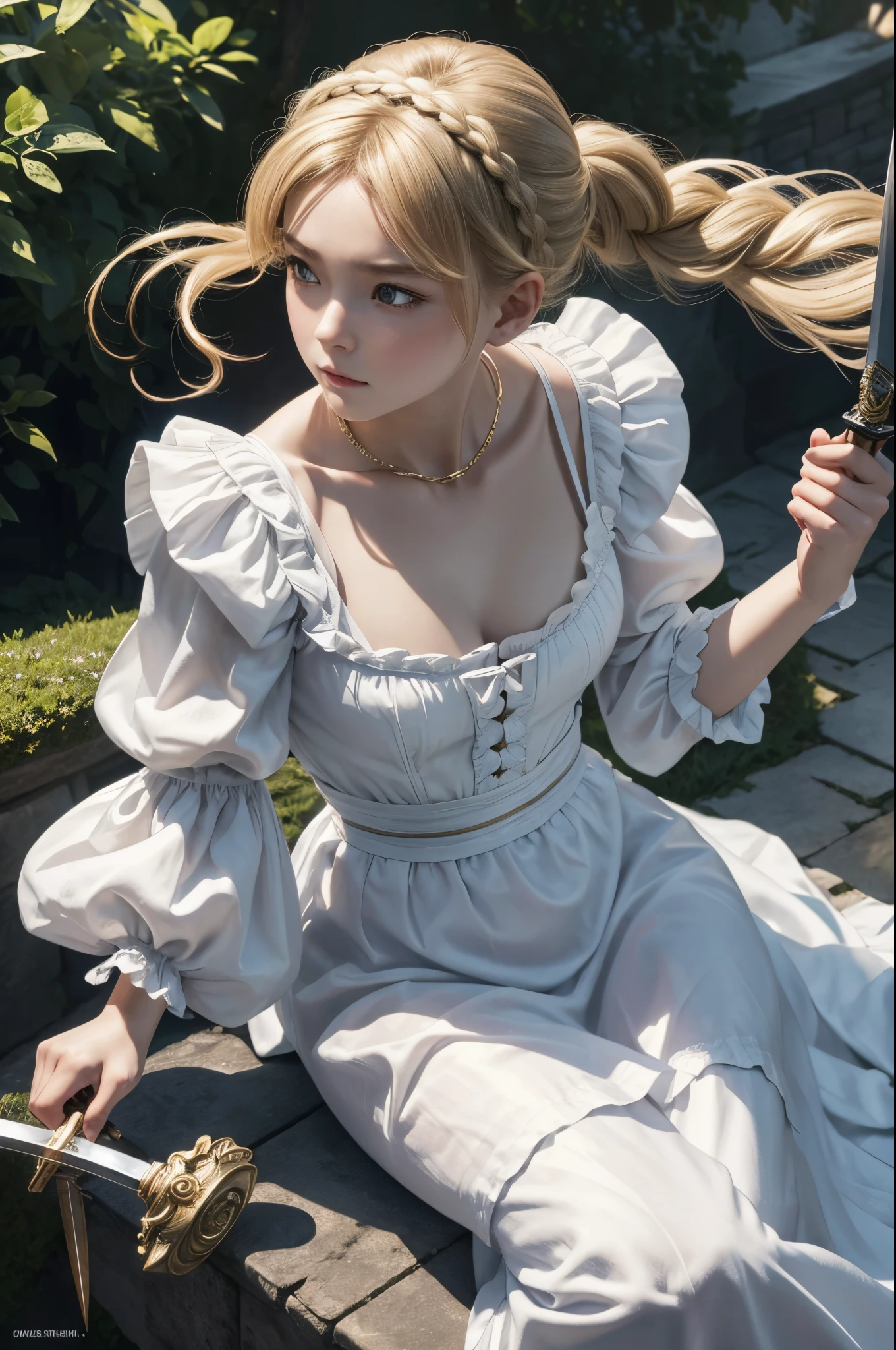 8K、of the highest quality、masutepiece、超A high resolution、(Photorealsitic:1.4)、1 infant maid、toddler maid with sword,blonde short perm hair、small breasted maid,Super beauty(Like the real thing)Ruffled headband、poneyTail、Braided hair、frilled blouse、Ribbon Ties、 Pinnafor、long skirt、puff sleeves、white silk ankle sokril、glistning skin、 outside the big blue and white mansion、Sharp eye light,deadpan,beatiful backgrounds,超A high resolution,super realistic skin,Beautiful expression,Fantasyart,reallistic,super detailing,ultra -detail,character art,Glaring at the viewer,Holding a big sword,action scene,Battle scenery,Fighting attitude,