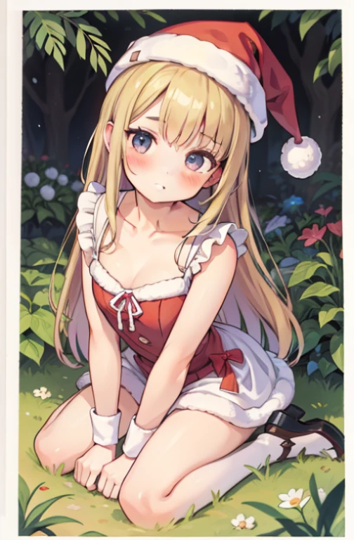 A girl in a garden,illustration,Coelho's detailed eyes,Coelho's detailed lips,Esbian's detailed eyes,Esbian's detailed lips,full body illustration,realistic,highres,ultra-detailed,professional,vivid colors,santa hat,2-Dimensional,linedrawing,flat illustration.