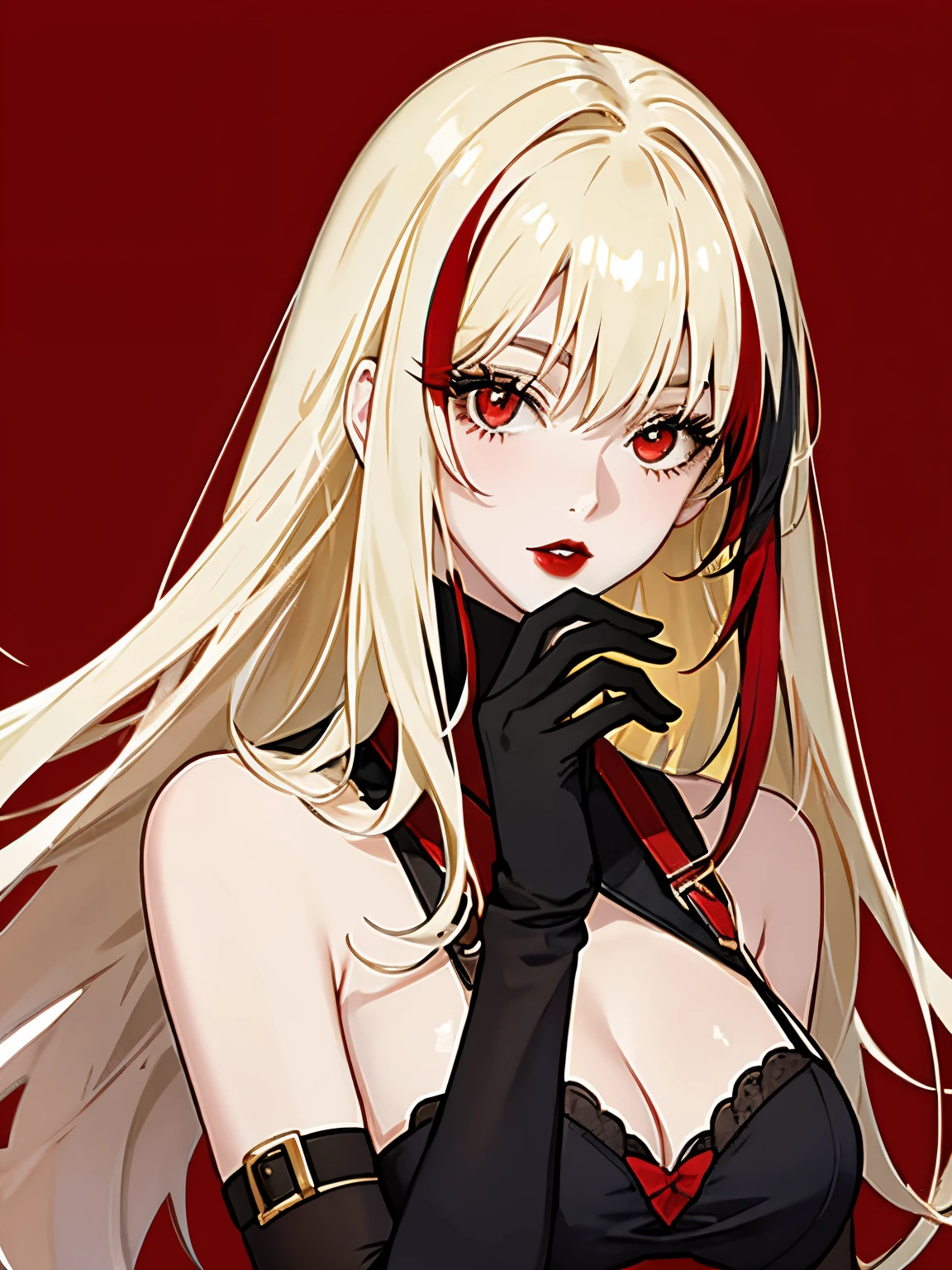 1girl, blonde hair, solo, long hair, red eyes, gloves, multicolored hair, looking at viewer, black gloves, red hair, red background, streaked hair, red lips, upper body, bangs,red theme,bad-girl, large breasts,shiny skin,(mature female),