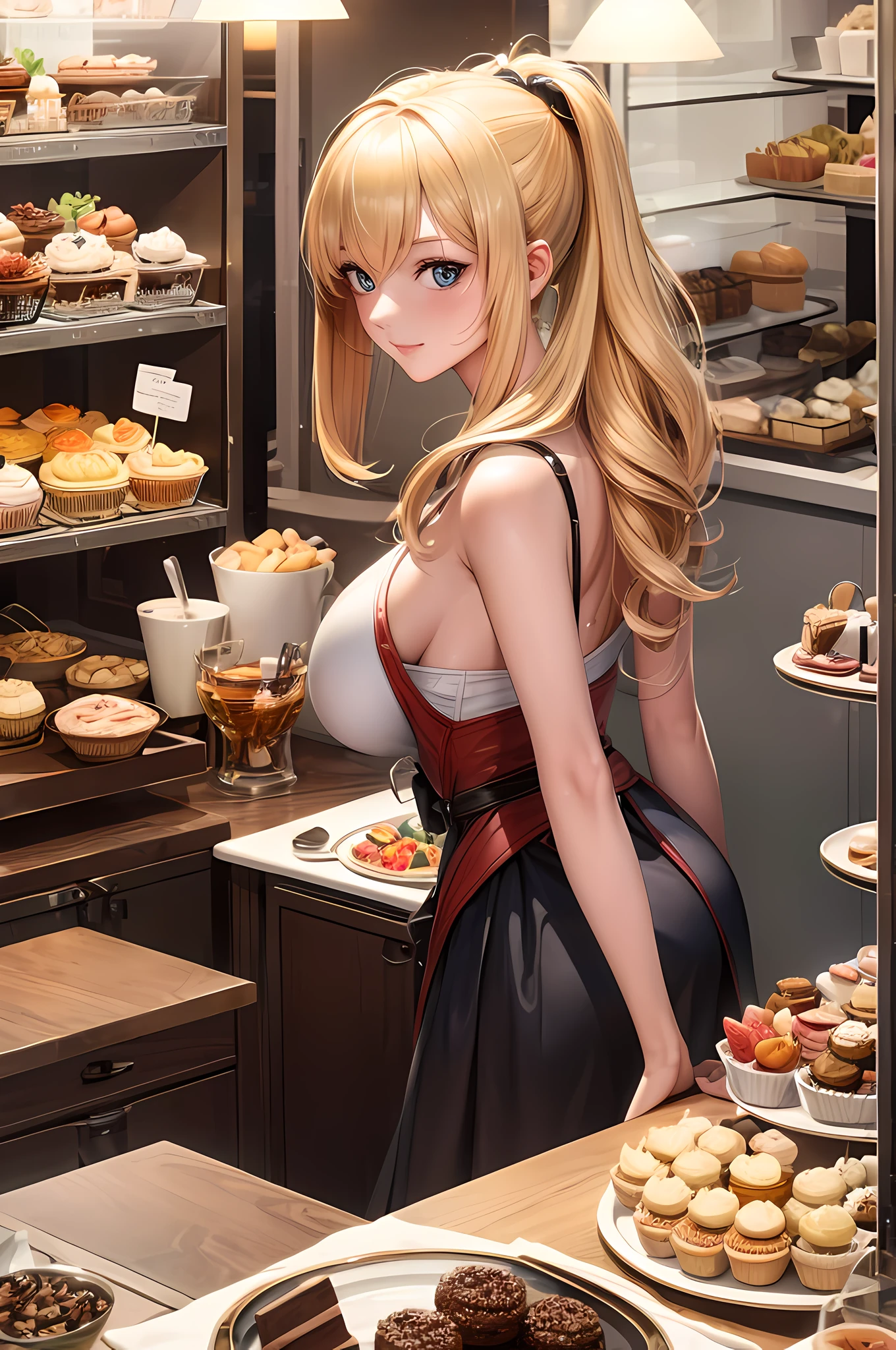 tmasterpiece, very detailed nipples, (Chibi:1.3), , (1 busty girl), Blonde hair, pastelcolor, comfortable atmosphere, Dessert display case, macaron, Cupcakes, acid, Cupcakes, coffee machines, Blackboard menu, natural  lightting, Glass jars filled with candy, Frosted window glass, Decorative panels, Whimsical decoration, Sugar carving,