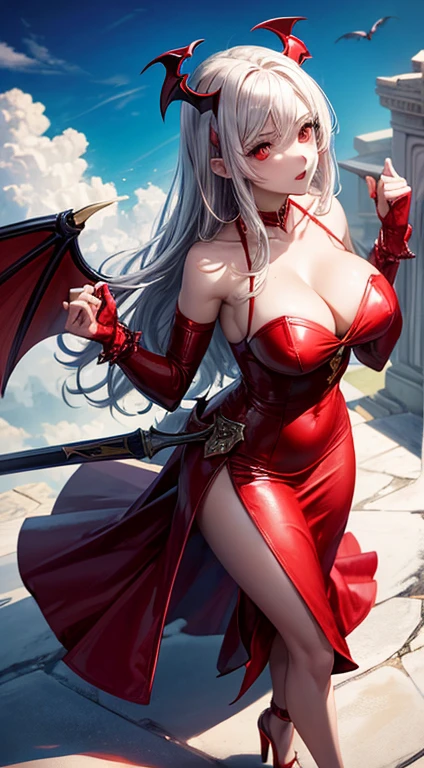 1 vampire Girl. Beautiful vampire girl. super beautiful body. red dress. red high heels. red shine. crown. ((vampire Wings)). sexy. (((standing on the cloud ))). Vampire horns. red eyes. powerful cool. Plump breasts. holding the gun of the law and the sword of the law