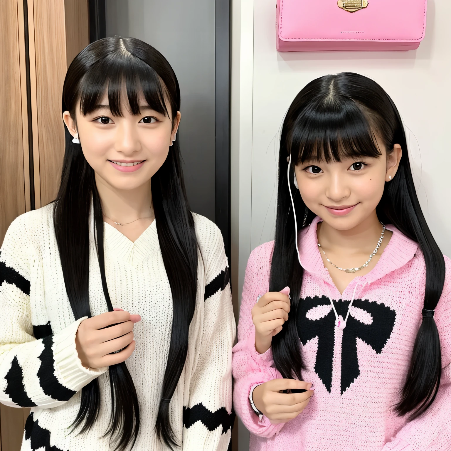 The girl on the left has long black hair with heavy bangs.、She&#39;s winking and holding a pink wallet in her right hand.。Clothes are black and white AmiAmi。The  on the right has a ponytail and wears white headphones around her neck.。Clothes are black and white knit。