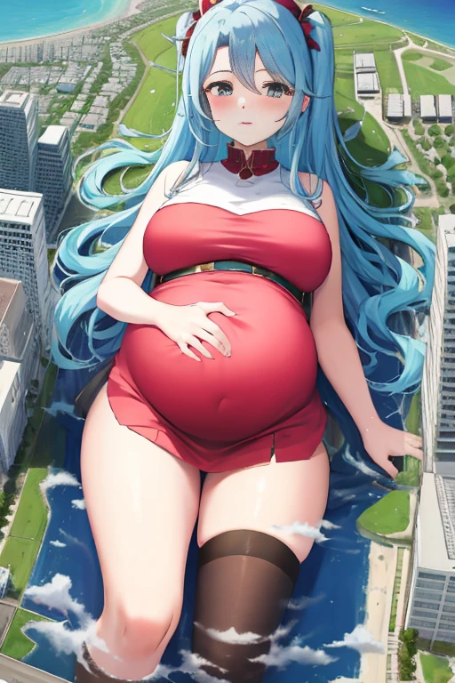 Giant maiden,Moe two-dimensional style,Pregnancy status,Round belly,Gaze at the bustling city, Lying down