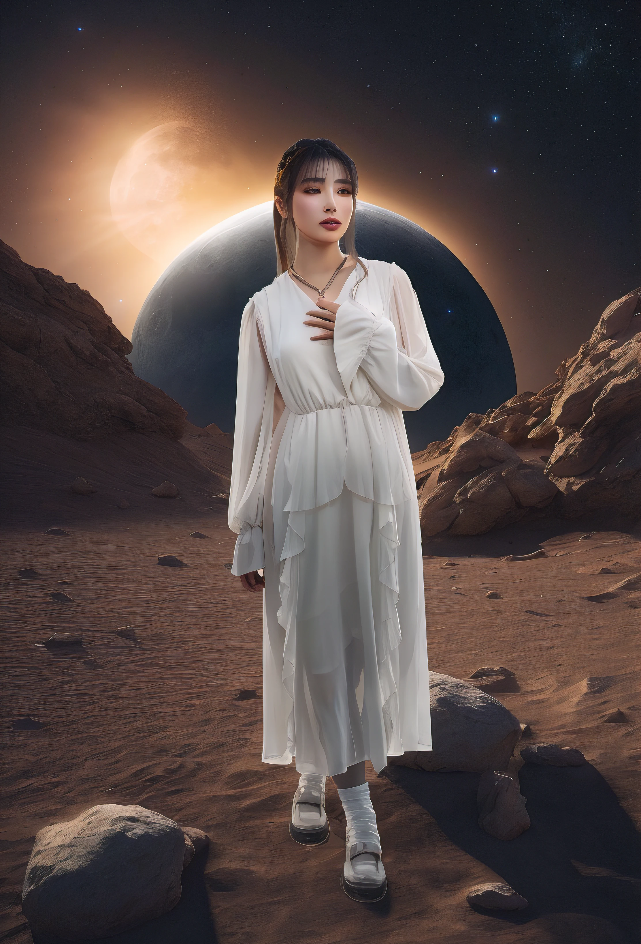 There a woman standing in the desert area,The background the moon, astral dress, Amazing young and ethereal figure, lunar goddess, lunar themed attire, dress up as an oracle, Stand in the sun , Mercury dress, girl in space, ethereal stills, ancient white coat, lunar goddess, She wearing a white flowing dress, full body xianxia