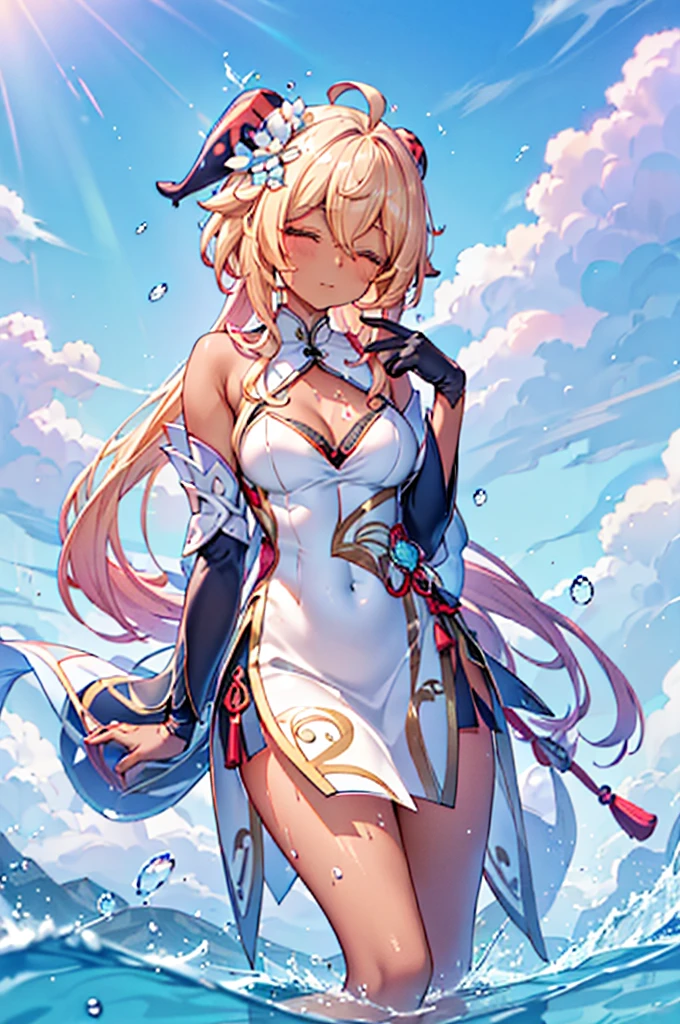 Best quality at best, tmasterpiece, Incredibly beautiful, very elaborate 8K wallpaper, otherworldly beautiful girl, , (Dark skin), (blonde hair pink gradient hair), Side pony, intermittently, Open your mouth and laugh, Long eyelashes, cosmetics, Close her eyes, (zoomout, The large, BigREAK, 夏天, Beachy, (比基尼), Reflection in the water, (Floating water drops blur foreground), (blue-sky), lens flare glow, (water splash), rays of sunshine,