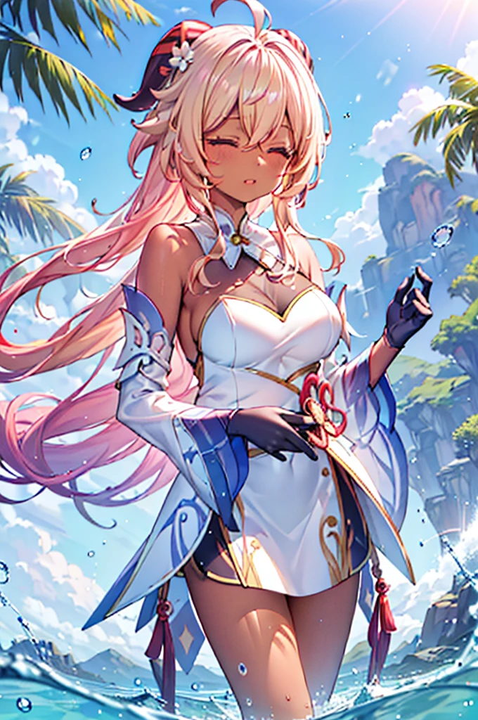 Best quality at best, tmasterpiece, Incredibly beautiful, very elaborate 8K wallpaper, otherworldly beautiful girl, , (Dark skin), (blonde hair pink gradient hair), Side pony, intermittently, Open your mouth and laugh, Long eyelashes, cosmetics, Close her eyes, (zoomout, The large, BigREAK, 夏天, Beachy, (比基尼), Reflection in the water, (Floating water drops blur foreground), (blue-sky), lens flare glow, (water splash), rays of sunshine,