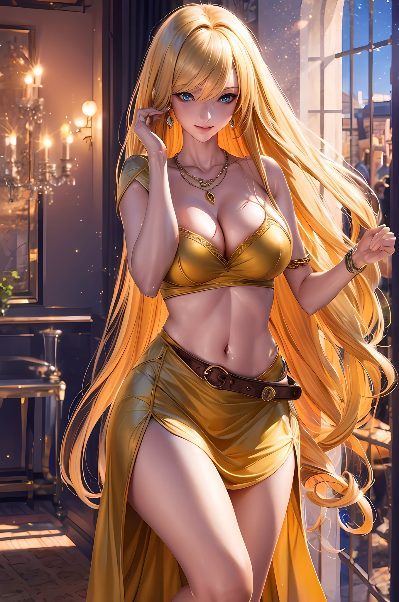 golden blonde queen, Wearing golden medieval clothes, Stare ahead with green eyes. Full body lesbian, Artwork by Greg Rutkoski，diadems，Huge big breasts