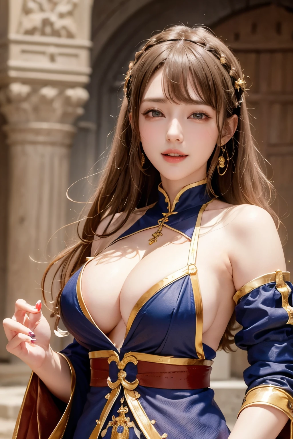 ((8K、​masterpiece、RAW Photos、Live action、best qualtiy、A hyper-realistic：1.2))、(Highest Quality: 1.2)、high-definition RAW color photography、Professional Photography、Beautuful Women、独奏、(medieval fantasy style:1.2)、Detailed eyes and mouth、a blond、(large boob:1.2)、(Medieval European style monk&#39;s clothes:1.3)、A charming smile、Narrow waist、Intricate details and beautiful lighting、Detailed mouth、Textured skin、Super Detail、high detailing、High quality、hight resolution、full body Esbian、beautiful hairl、Fancy lighting、happily laughing、Vivid、bar、