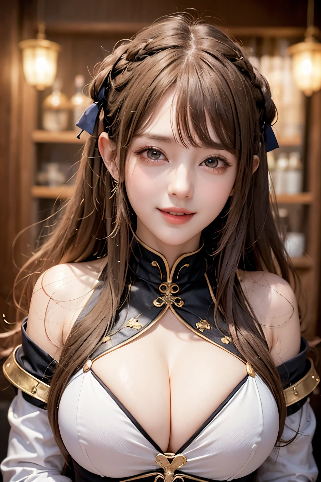 ((8K、​masterpiece、RAW Photos、Live action、best qualtiy、A hyper-realistic：1.2))、(Highest Quality: 1.2)、high-definition RAW color photography、Professional Photography、Beautuful Women、独奏、(medieval fantasy style:1.2)、Detailed eyes and mouth、a blond、(large boob:1.2)、(Medieval European style monk&#39;s clothes:1.3)、A charming smile、Narrow waist、Intricate details and beautiful lighting、Detailed mouth、Textured skin、Super Detail、high detailing、High quality、hight resolution、full body Esbian、beautiful hairl、Fancy lighting、happily laughing、Vivid、bar、