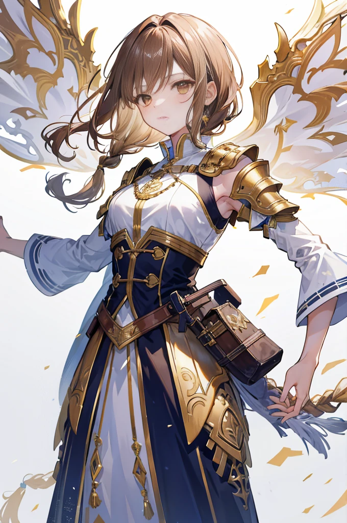 highres,high quality,best quality,detailed,1boy,solo,standing,fantasy,white background, background, character design,tachi-e,light brown hair,medium hair,straight hair,gold eyes,armored vest, mature female, braided hair,witch,medium breast,