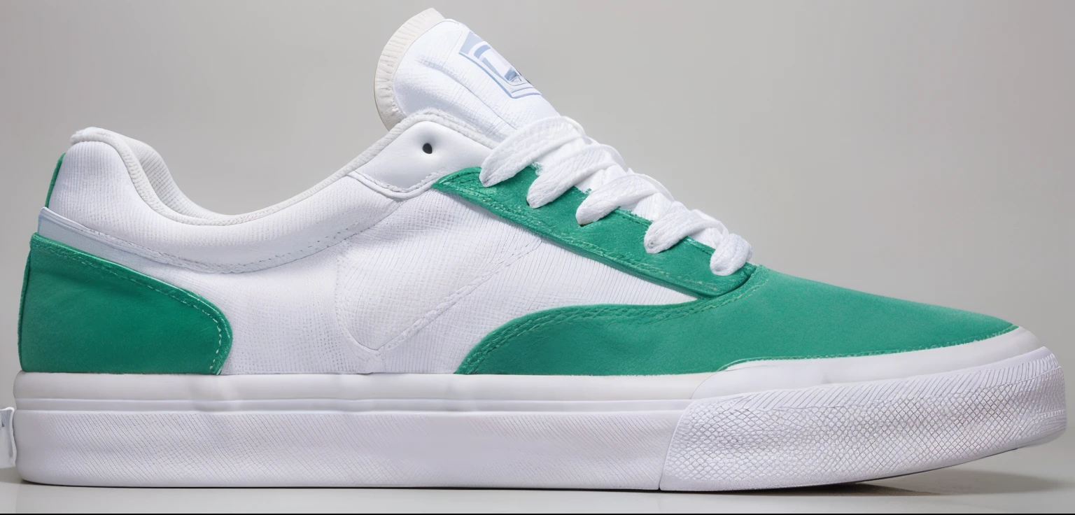 photorealista, 4k, hd, ambiente claro, fondo blanco, zapatilla hombre color verde, costuras blancas, todas las costuras color blanco, cordones blancos
