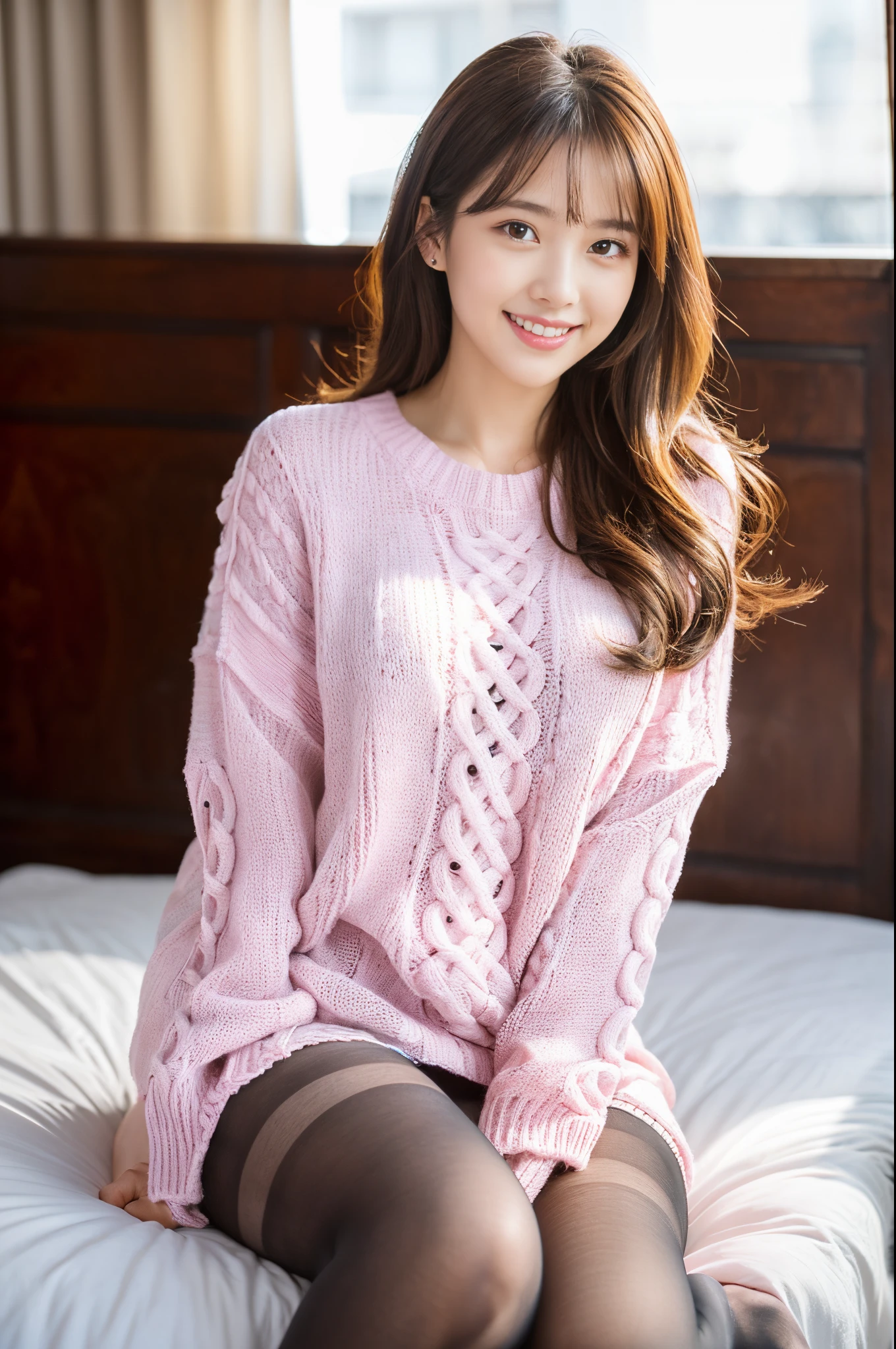 face is :9,1711162875], ulzzang -6500-v1.1, (Raw photo:1.2), (Photorealsitic), a beautiful detailed girl, (Real: 1.4), extremely detailed eye and face, ((Soft sweater in pastel colors:1.3))、 ((Ultra-realistic pantyhose:1.2)), selfee, Instagram、game_nffsw, Sitting in bed、huge filesize, hight resolution, ighly detailed, top-quality, [​masterpiece:1.6], illustratio, ighly detailed, nffsw, finely detail, top-quality, 8k wallpaper, Cinematographic lighting, 1girl in, 17 age, perfect body type, cute droopy eyes beautiful big eyes、Pieckfinger, ((masutepiece)), Best Quality, eye shadow, Portrait, ((FULL BODYSHOT:1.4))、(Very affectionate smile:1.2)、realistic skin textures、shinny skin、Exposed thighs!!!