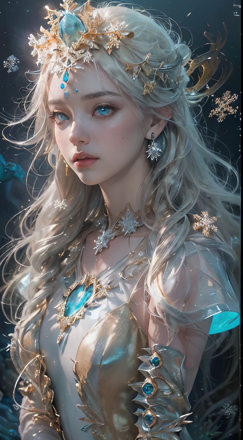 (Award-winning masterpiece, incredibly detailed, textured and maximum detail), (Full body view:1.6), (Hyper realistic:1.4), (Realistic:1.3), (Upper body close-up:0.4), (Many gold and silver treasures are sunk: 1.8), (Top quality Real Texture Skin), (((Underwater))), (Deep Sea:1.5), (Dark Sea at Night:1.6)), (Detailed True Circle Symmetrical eye-catching exquisite face, ((Medieval World)), (Full Length View:1.6)), ((Mermaid)), ((Mermaid Prince Mermaid Noble)), (She has a naughty smile (sunken ship with treasures:1.4), (sunken temple on coral reef, sunken ancient city, sunken temple, sunken cathedral, sunken temple ruins, sunken detached temple, sunken ruins of ancient castle, shining majestic water and light, coral reef, (eyes with intense inner light:1.5), (bioluminescence:1.5), (full body view :1.6), (swirling water and currents in background), (dramatic light), (majestic scene), (her expression is gentle and beautiful), glass earrings in ears, (dramatic photo:1.4), ((dramatic pose)), (gorgeous photo), (golden hair), (silver hair), (chestnut hair) (full body view: 1.6), ((examines)), ((looking down)), (elaborately crafted necklace around her neck), (brightly glowing bioluminescence: 1.3), (uses flashy hydromagic: 1.2), (beautiful fish around), (luminous magic circle: 1.5), (full body view:. 1.6), Epic Realistic, Faded, Artwork, (Greg Rutkowski:0.8), (Teal and Orange:0.4), (Art Station:1.5), Cinematic, ((neutral hues)), (Ticker:1.5), (Muted Color:1.2), Hyperdetailed, Dramatic Light hyperdetailed, dramatic light, (elaborate details:1.1), complex background, ((snowflake)), (muted colors:1.2), hyperdetailed, dramatic light, (elaborate details:1.1), complex background, ((snowflake))