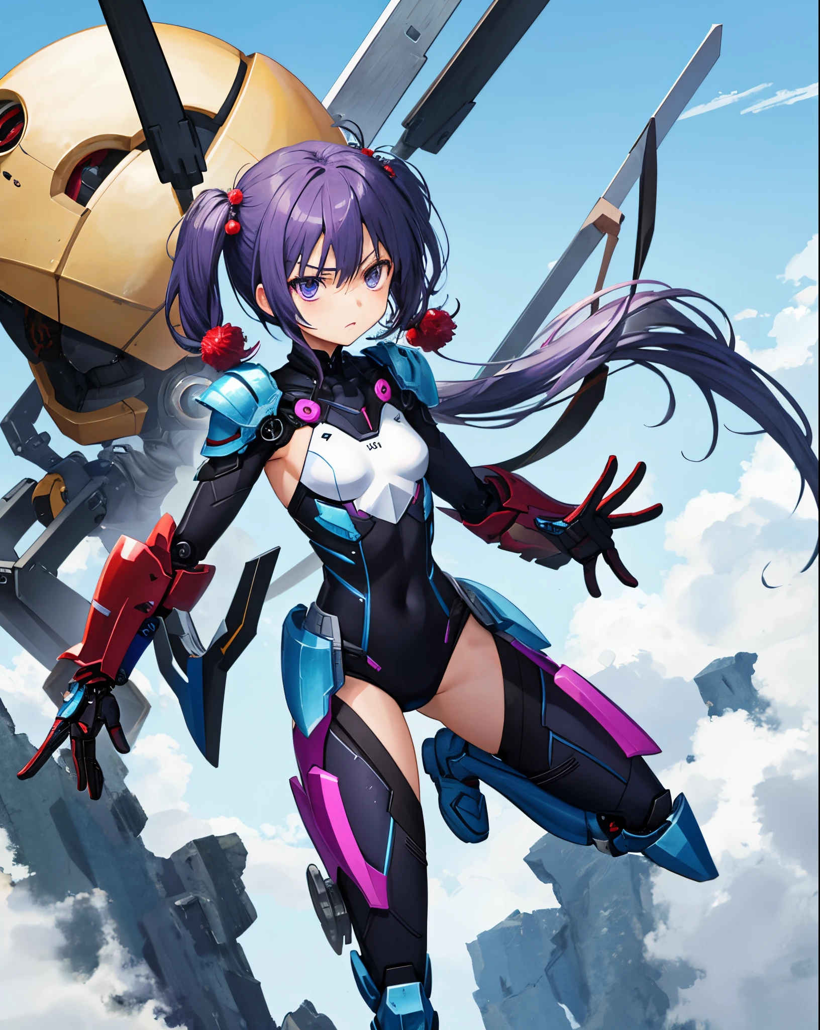 Japanese_anime_style,1loli,girl,(very_messy_short_twintail:1.3), lWhitish_purple_hair,black_mechanical_armor_parts,body_suit,bare_shoulder,bare_thighs,small_breasts,floating,in_sky_background,half_eyes, greaves,gauntlets,angry,