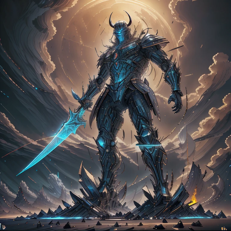 One warrior silhouettes standing in front of giant statue of devil standing straight, concept art wallpaper 4k, sci-fi fantasy wallpaper, sci fi artwork, detailed sci-fi art, beautiful sci fi art, dark clouds, concept art artwork masterpiece, concept art 4k, concept art 4 k, sci fi concept art, mystical sci-fi concept art, fire, debris, dirty
