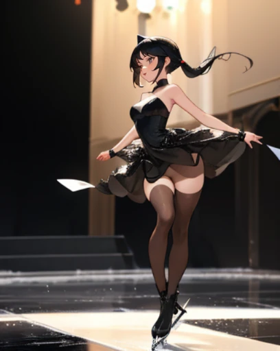 stage,icy,blackdress,1womanl,A dark-haired,poneyTail,Beige stockings,Figure skating,White boots